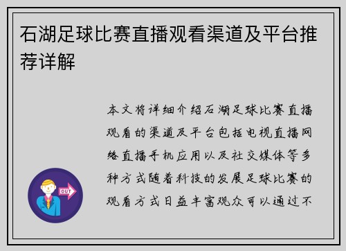 石湖足球比赛直播观看渠道及平台推荐详解